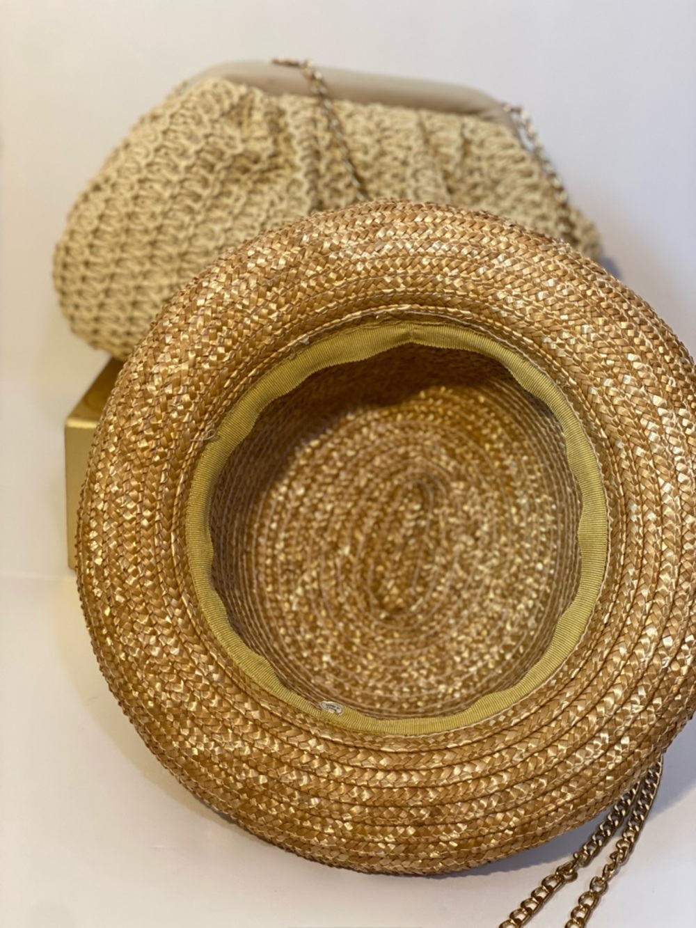 Woven Straw Clutch Bag with Chain Strap and Raffia Bowler Hat With Rolled Brim - Picture 5 of 9